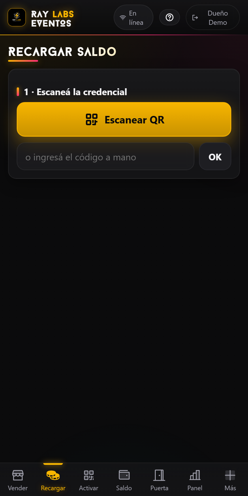 Eventos — recarga de saldo por QR