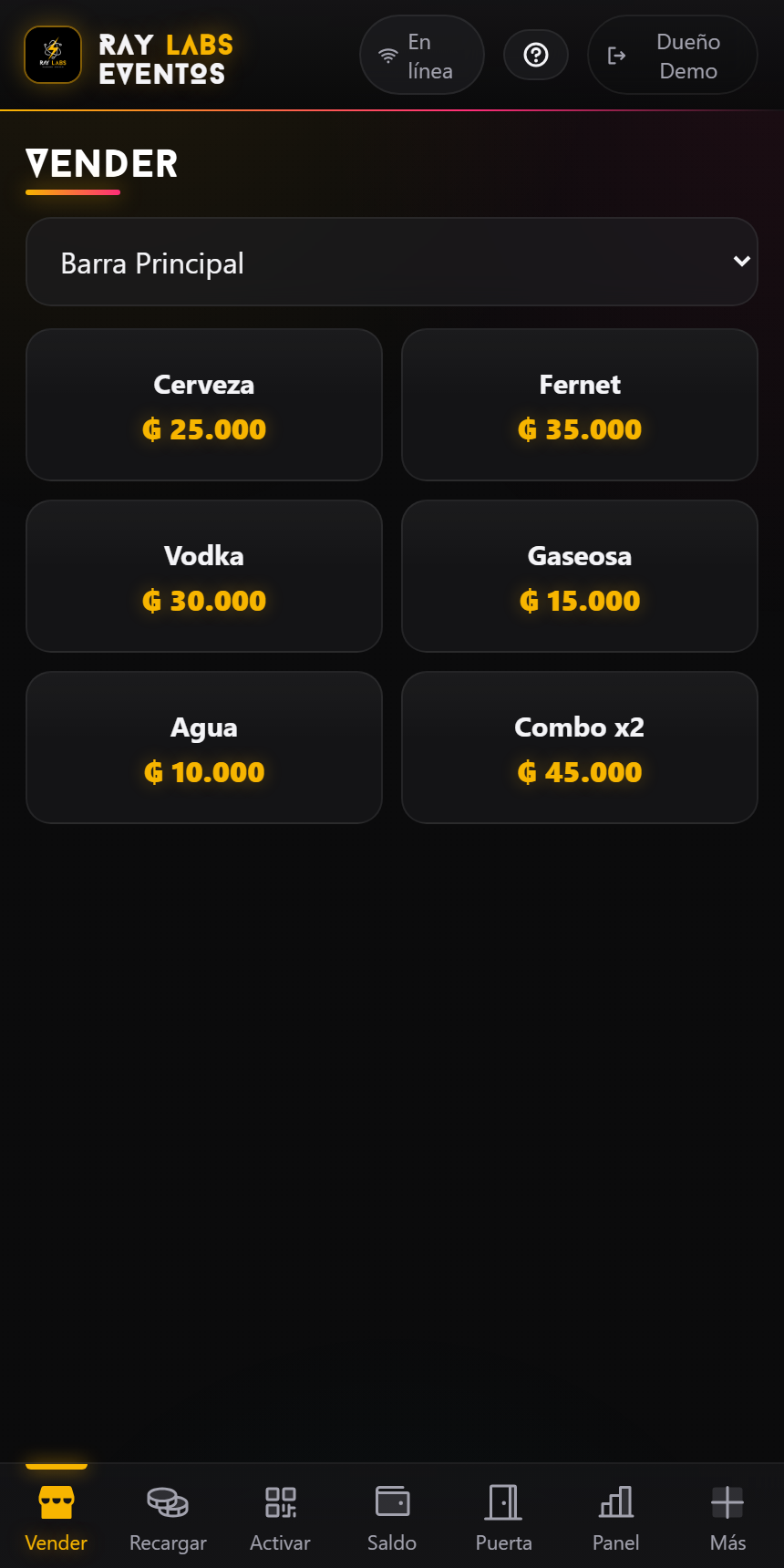 Eventos — barra con productos y precios