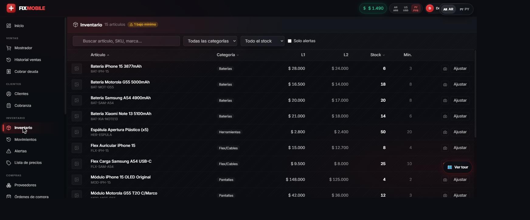 FixMobile inventario con precios